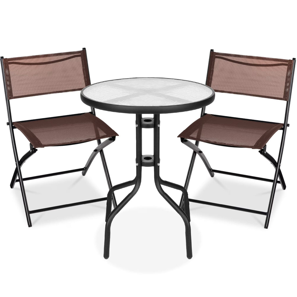 Best Choice Products 3-Piece Patio Bistro Dining Set With Glass Tabletop And Folding Chairs - Gray
