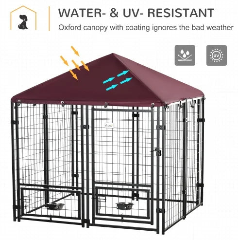 Outdoor Dog Kennel With Rotating Bowl Holders, 5 ft x 5 ft x 5 ft, Black And Red