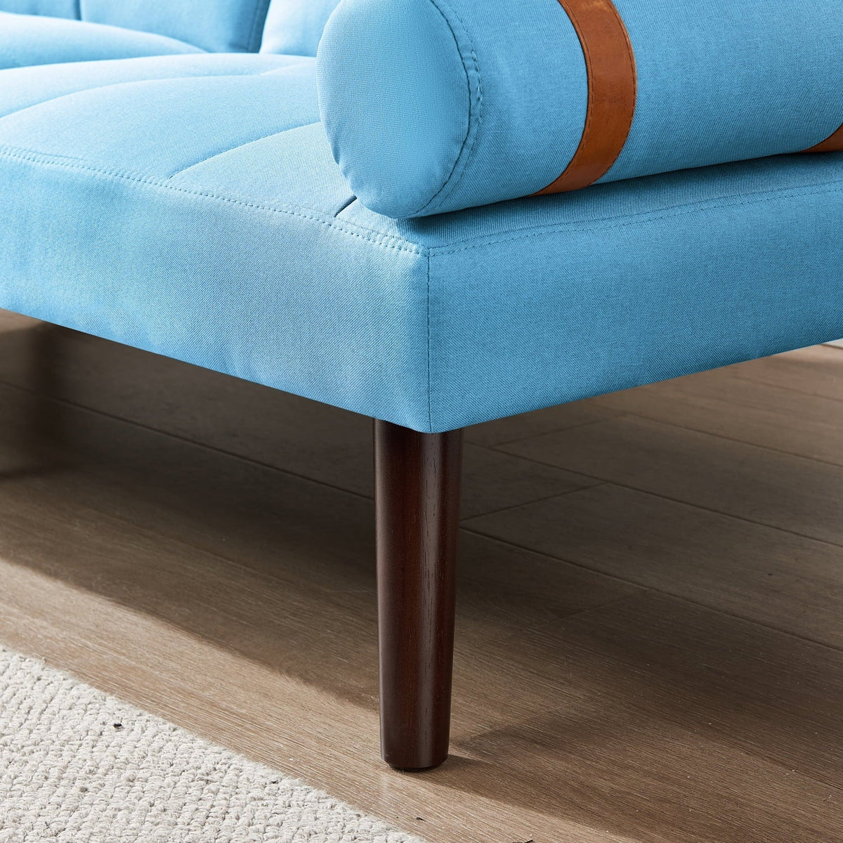 Blue Linen Convertible Futon Sofa Bed With Solid Wood Legs - 65.7in L x 32.2in W x 30in H