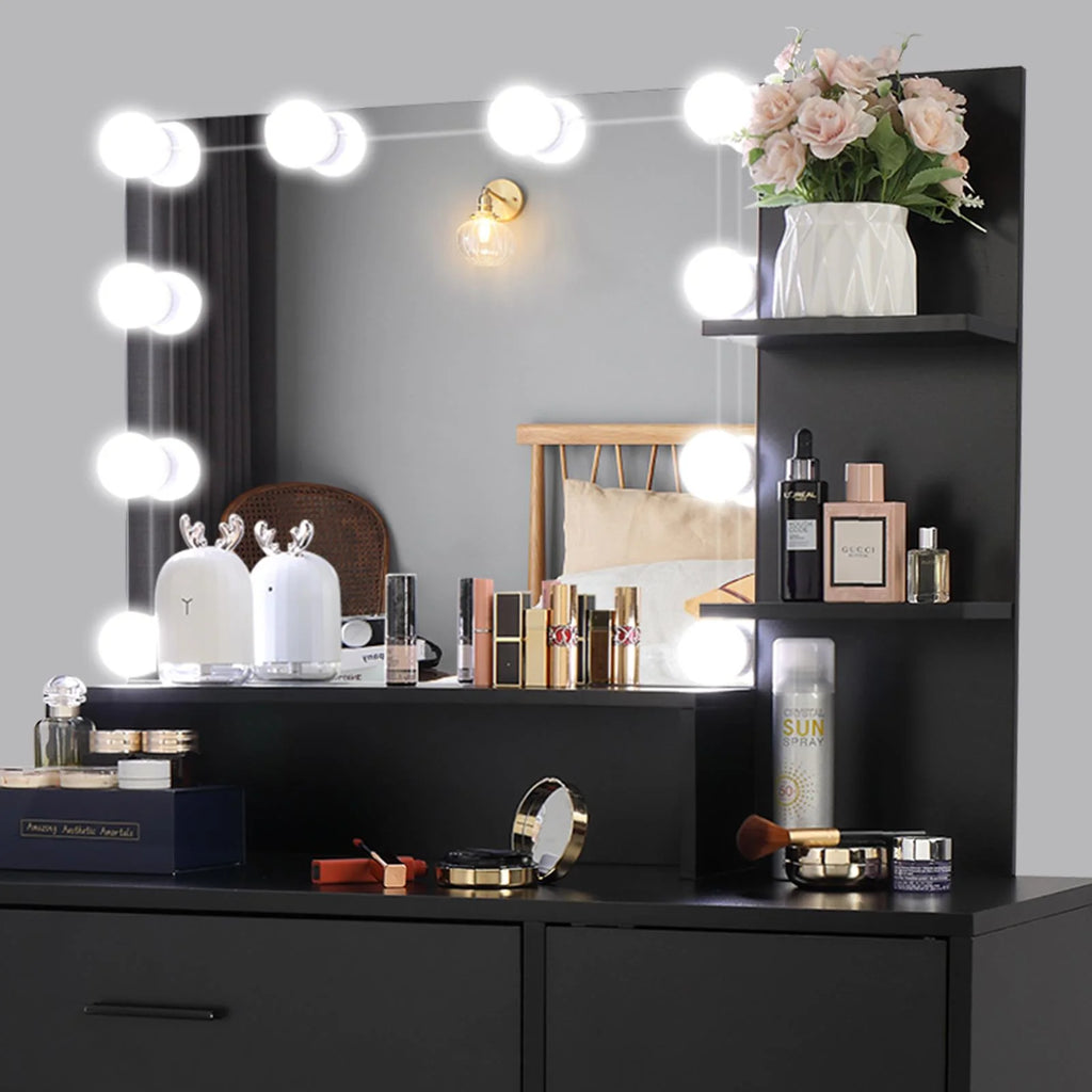 Ktaxon Vanity Makeup Table With Stool, 3-Color Lighted Mirror, 3 Shelves, Drawers, White - 35.43 x 15.55 x 29.53-53.27 in