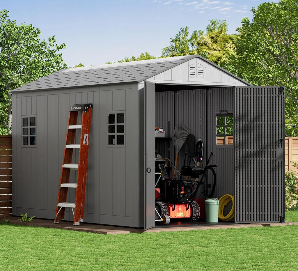 ZZM Outdoor Resin Storage Shed 6x11 Ft With Floor And Windows, Gray