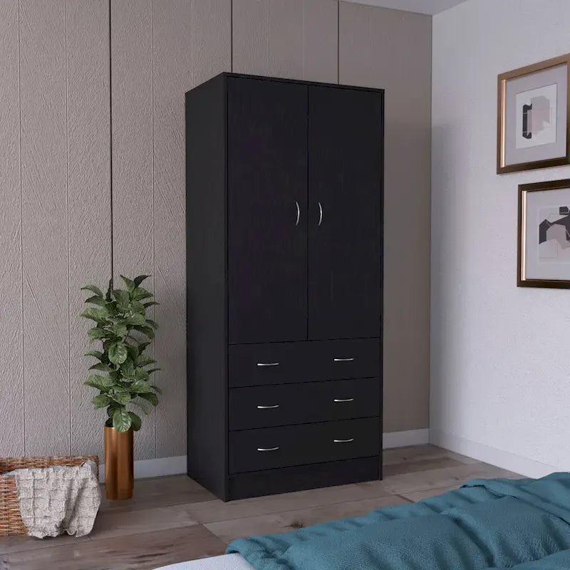 Devali Blue Double-Door Armoire With 3 Drawers And 1 Hanging Rod