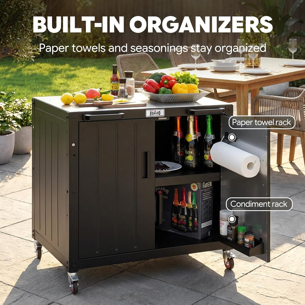 Outdoor Grill Cart With Storage Cabinet And Stainless Steel Top, 35-Inch, Black & Silver - KT2435 Series