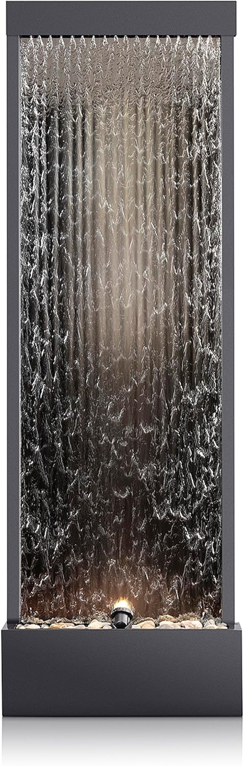 Alpine Corporation Wall-Mounted Mirror Waterfall Fountain With Stones And LED Lights, 24in L x 10in W x 72in H, Silver