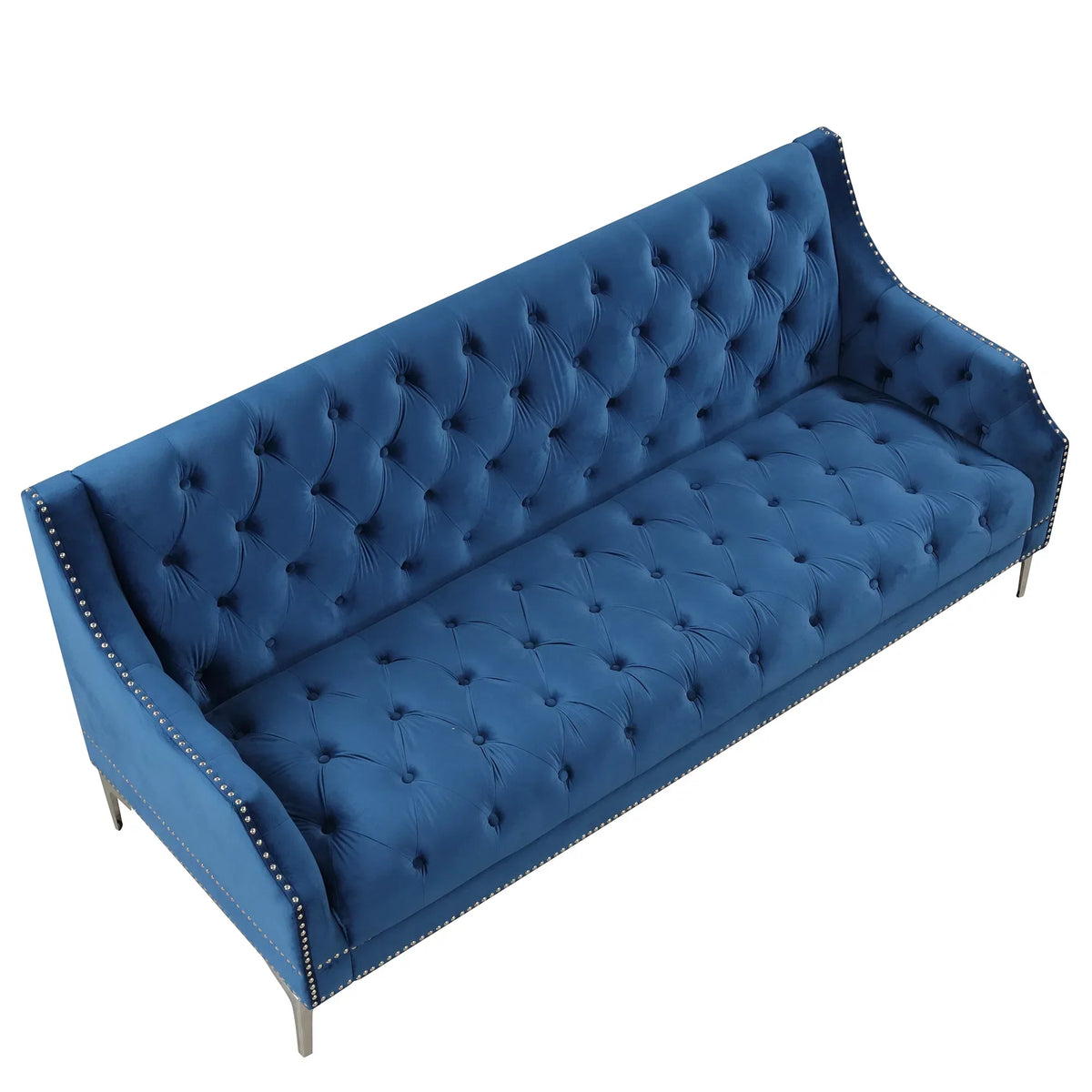 78 inch Dutch Plush Upholstered Chesterfield Sofa With Metal Legs, Button Tufted Back, Blue