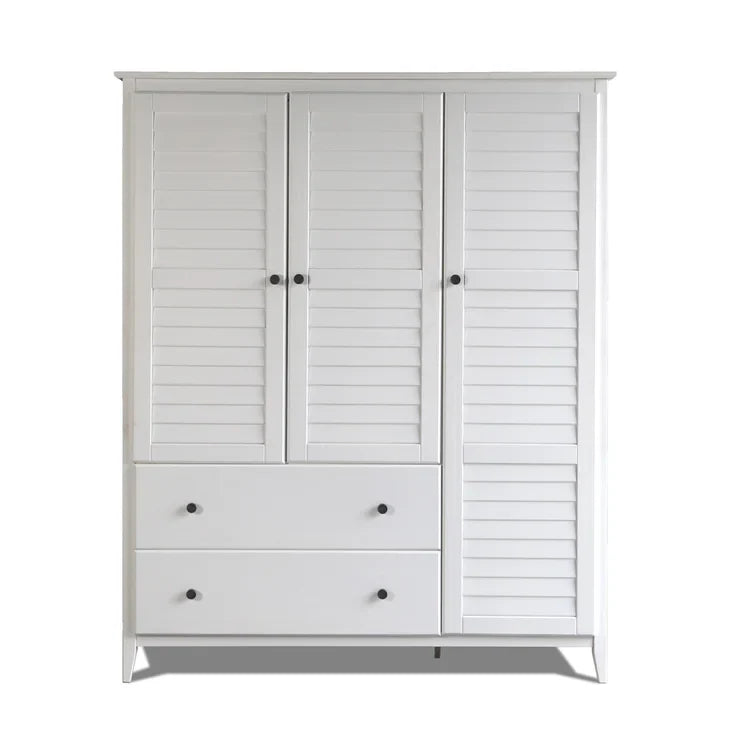 Solid Pine Wood Armoire, 3 Doors, 2 Drawers, 5 Shelves, 73.75 in H x 59.5 in W x 21.5 in D