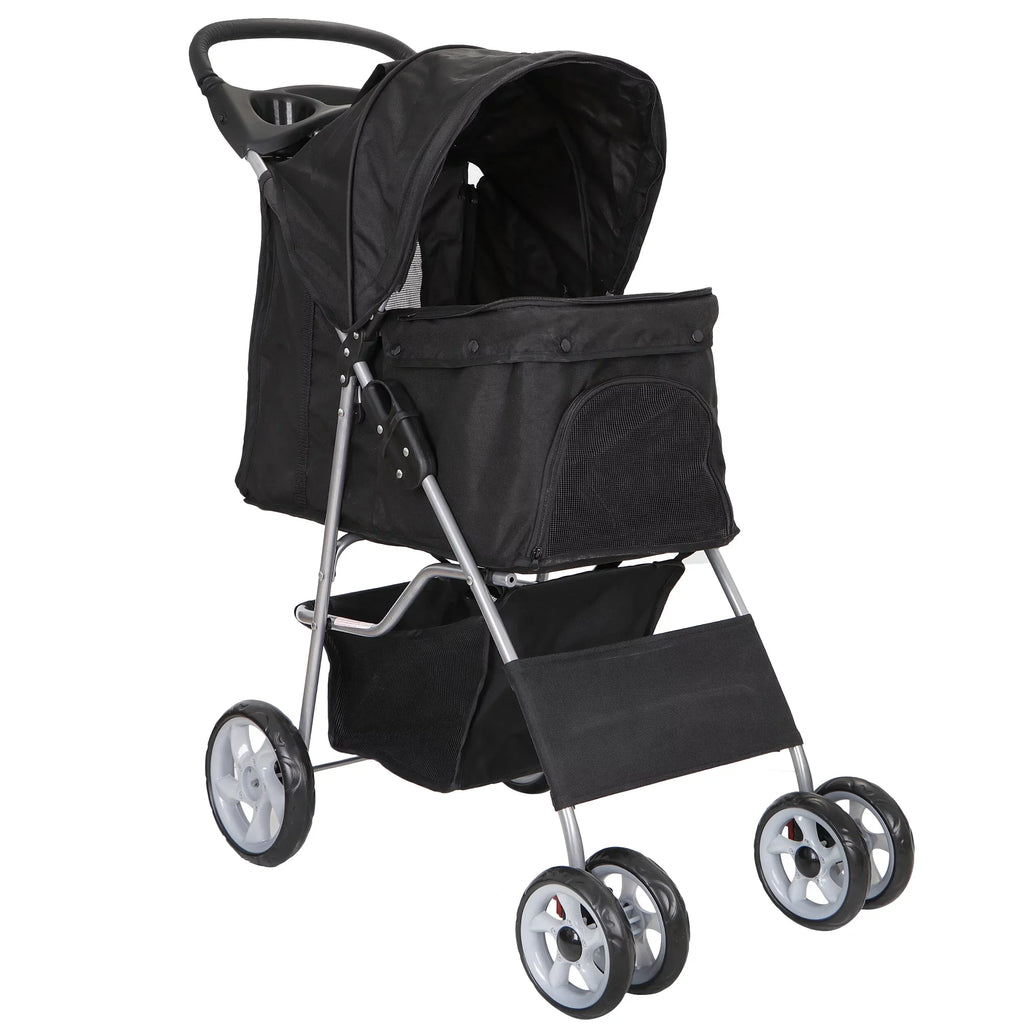 HomGarden 4 Wheel Foldable Pet Stroller Carrier Cart With Storage Basket And Cup Holder - Black