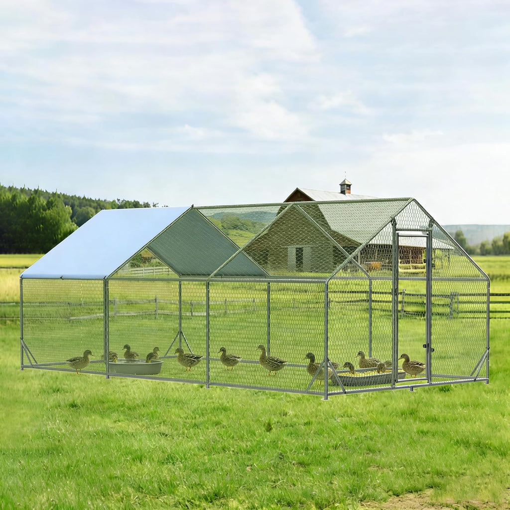 Metal Walk-In Chicken Run Cage With Waterproof Anti-Ultraviolet Cover, 19.6' L x 9.8' W x 6.4' H