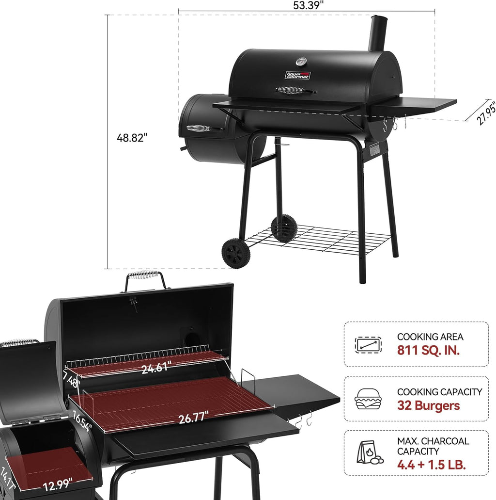 Royal Gourmet Charcoal Grill With Offset Smoker, Cover, 811 Square Inches, Black - CC1830SC