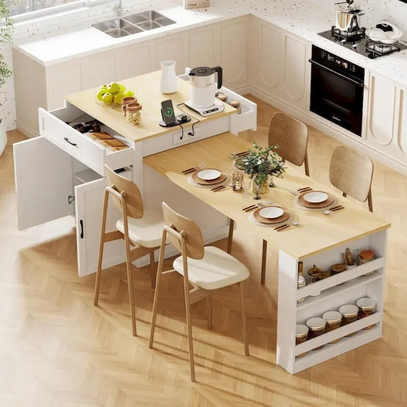 82.7 Wooden Kitchen Island With Extendable Dining Table And Double-Sized Storage