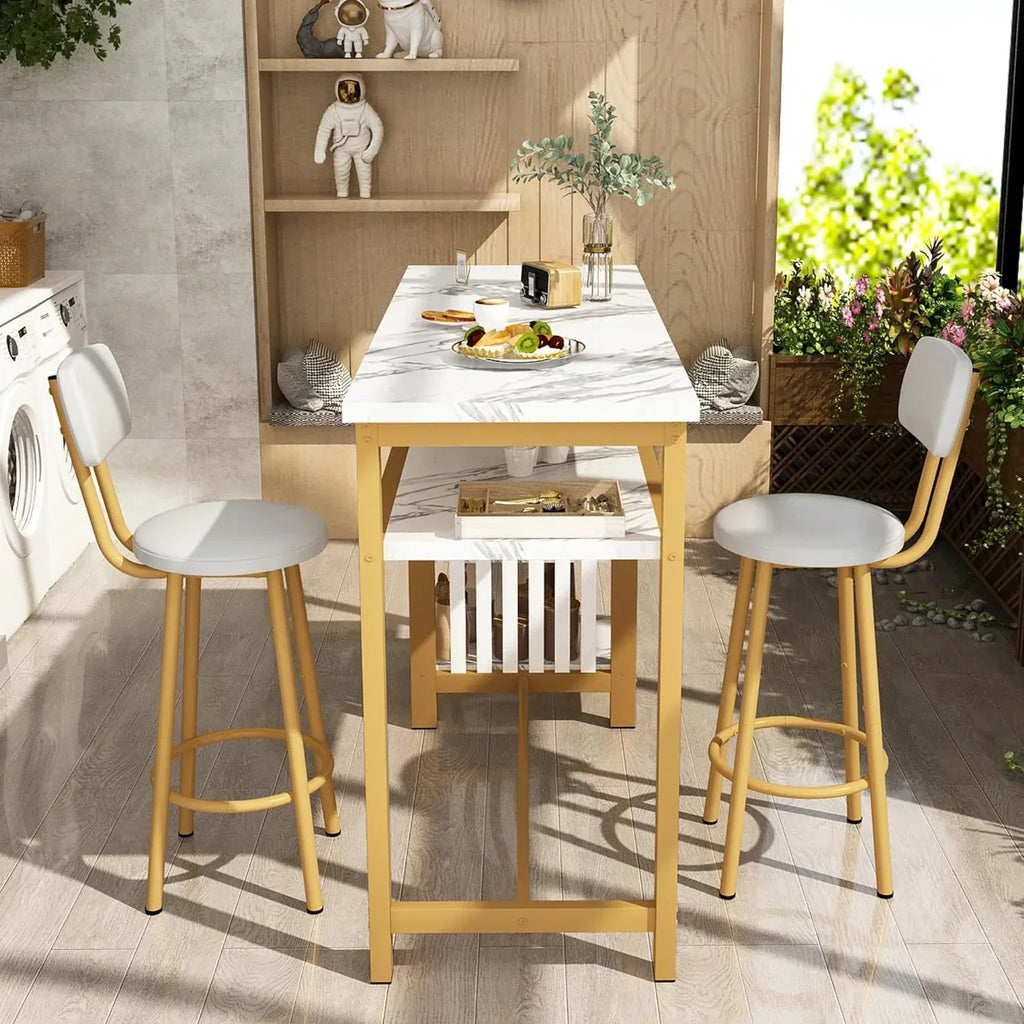 3-Piece White Faux Marble Bar Table And Chairs Set With 2 PU Cushion Bar Stools And 3-Tier Storage Shelves - Gold Frame