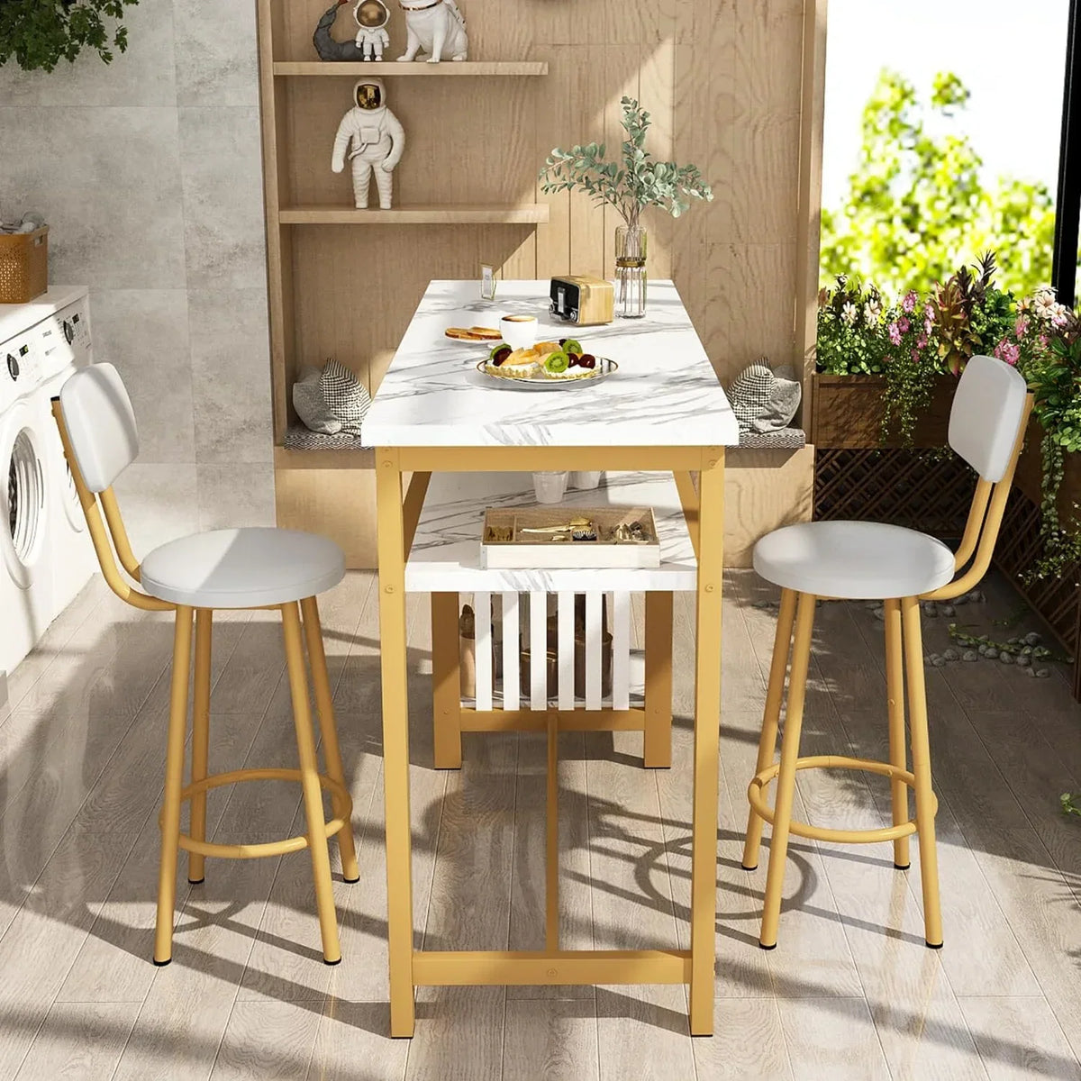 3-Piece White Faux Marble Bar Table And Chairs Set With 2 PU Cushion Bar Stools And 3-Tier Storage Shelves - Gold Frame