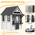 COCLUB Wooden Outdoor Playhouse With Doorbell, Phone And Kitchen Toys, 45in L x 43in W x 65in H