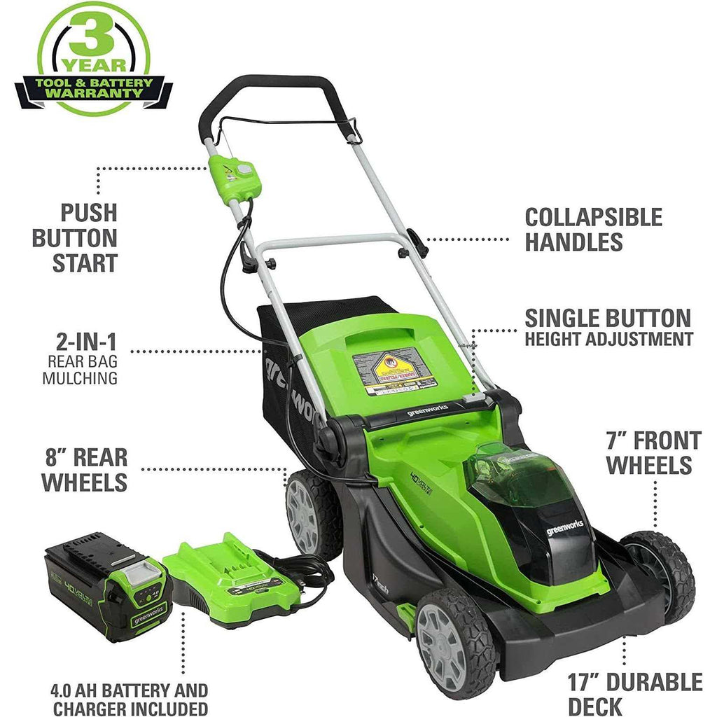 Greenworks 40V 17 inch Cordless Lawn Mower With 4.0Ah Battery And Charger