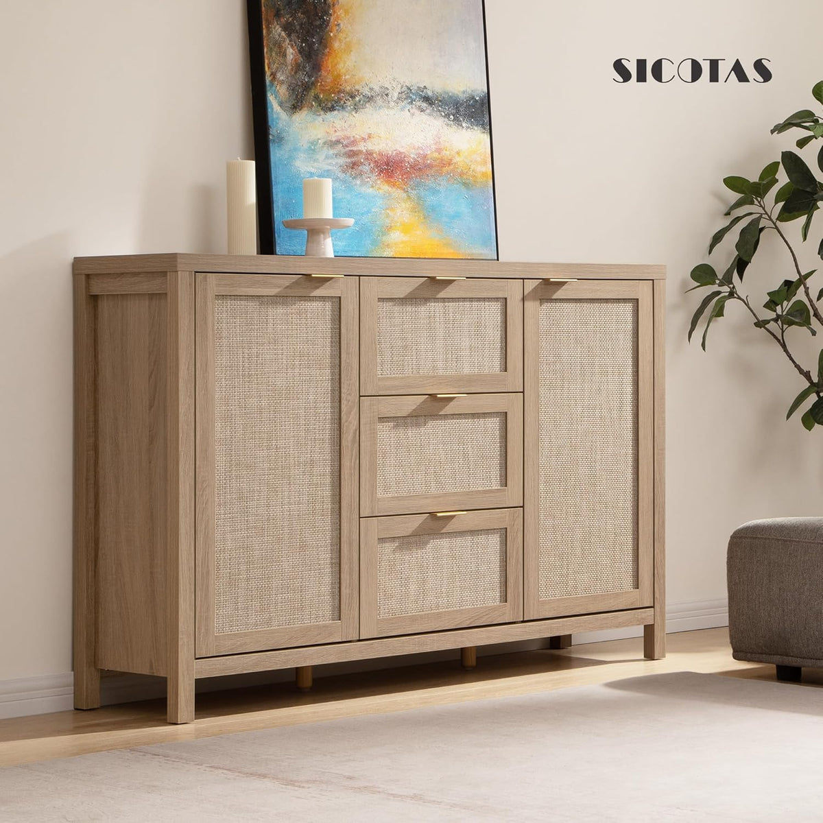 SICOTAS Sideboard Buffet Coffee Bar Cabinet With 3 Drawers And 2 Doors, 52in - Light Oak