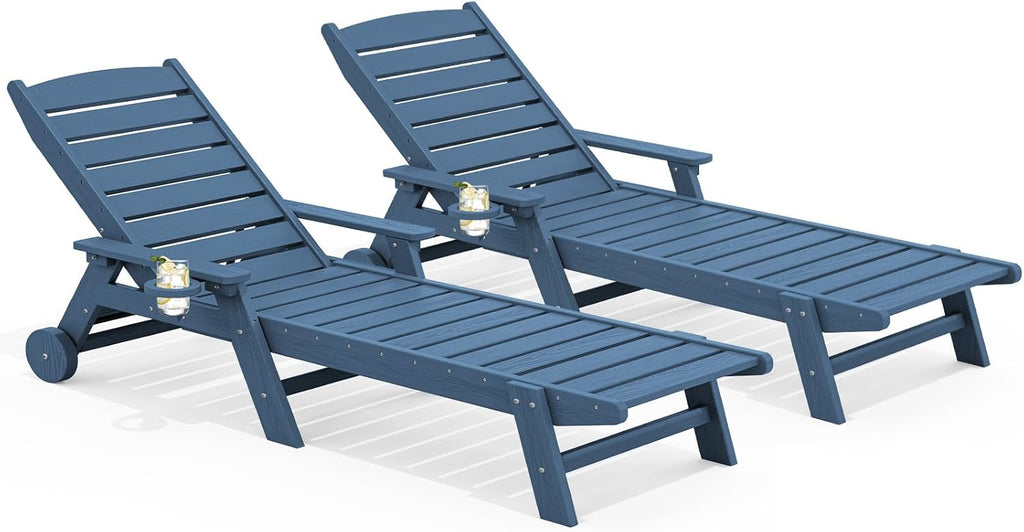 SERWALL Patio Chaise Lounge Chair Set Of 2, 78 Inch, 5-Position Adjustable, HDPE - Blue