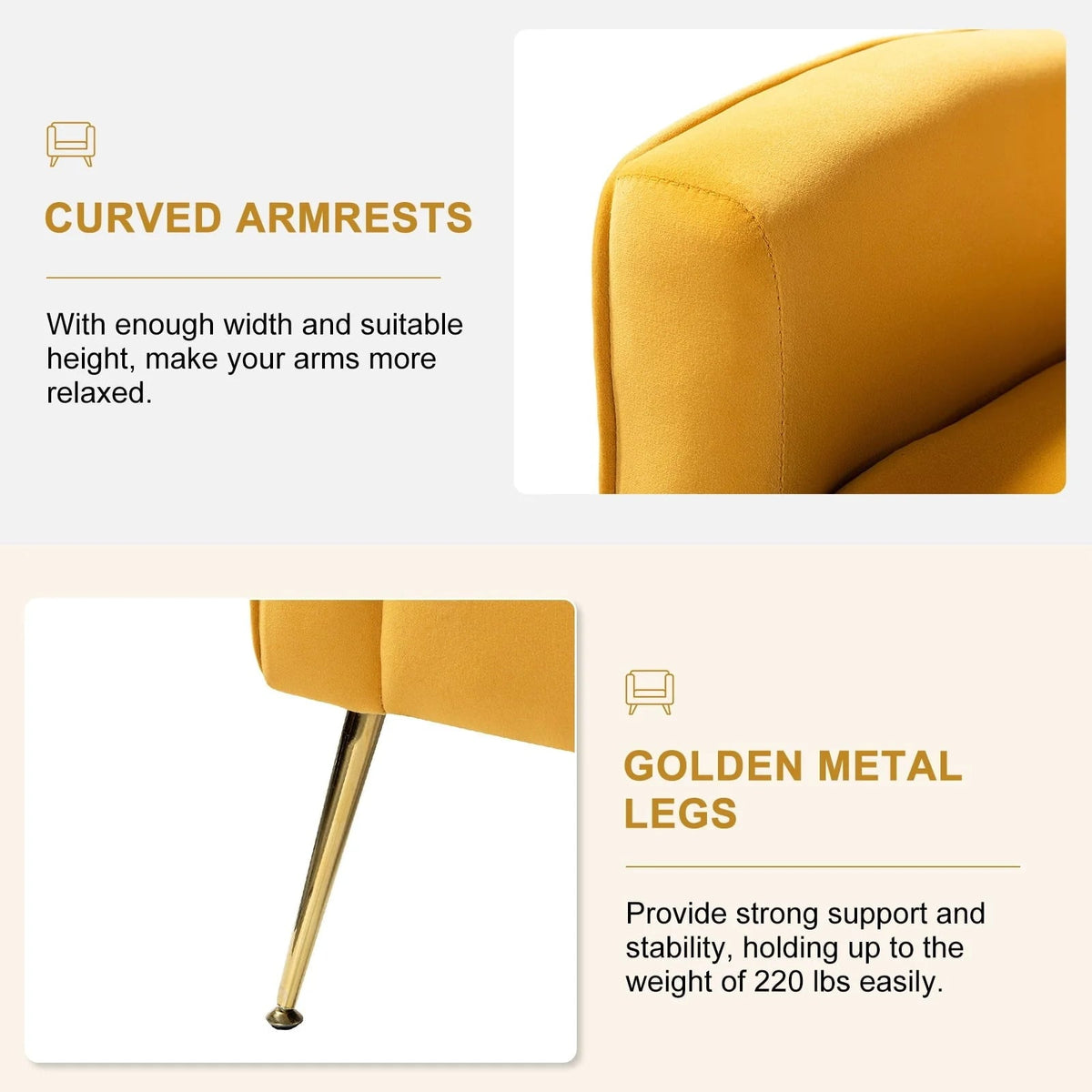 14 Karat Home Velvet Accent Chair With Button-Tufted Back And Metal Legs - Mustard