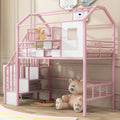 Pink Twin Metal Loft Bed With Roof Design And Storage Box
