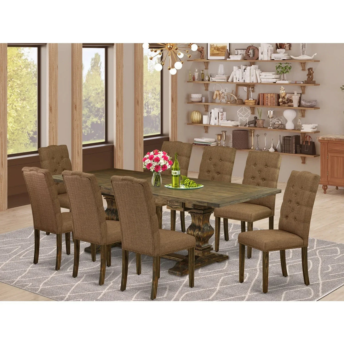 HomeStock 9-Pc Dining Set, 68/92 x 42 x 30 Table, 19 x 25 x 41 Chairs, Brown Beige Linen - Sophisticated Simplicity