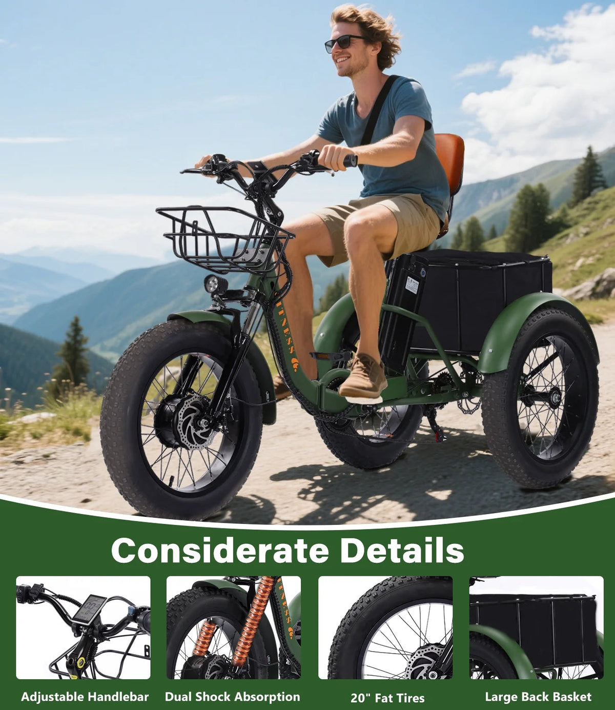 YEBEI Folding Electric Tricycle for Adults, 500W Motor, 48V15AH Lithium Battery, 20 x 4.0 in Fat Tires