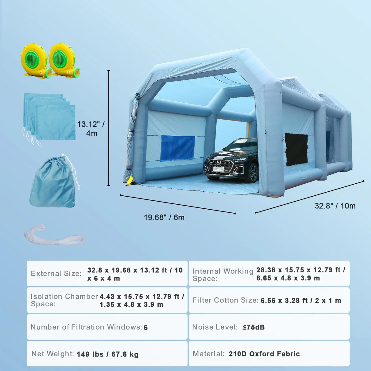 BENTISM Inflatable Paint Booth 30x20x13ft With 950W+1100W Filter System Blower