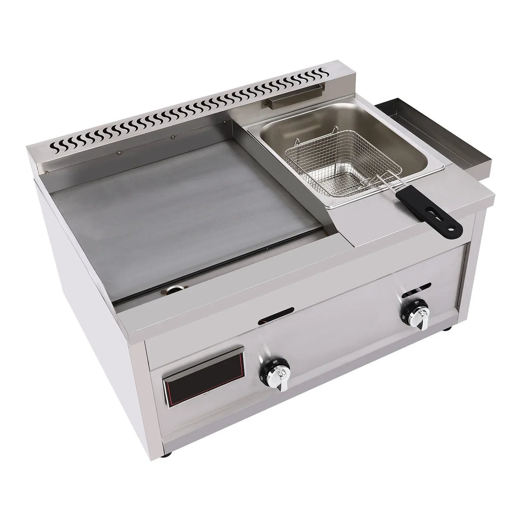 VONZOER Commercial Gas Griddle And Deep Fryer Combo, 2-Burner Stainless Steel, 70x38.5x51cm