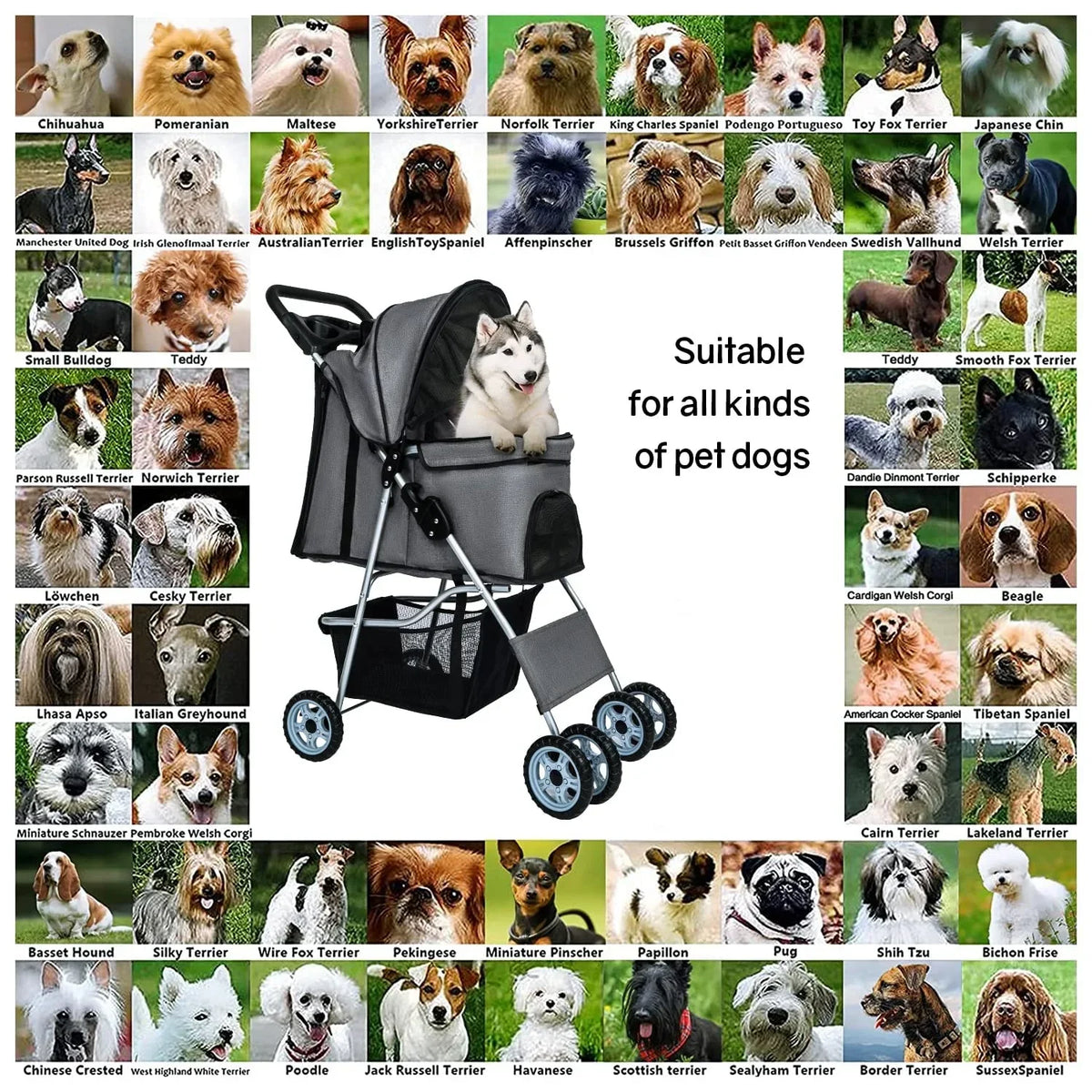 NiamVelo 4-Wheel Foldable Pet Stroller With Cup Holders And Storage Basket - 30 LBS Capacity
