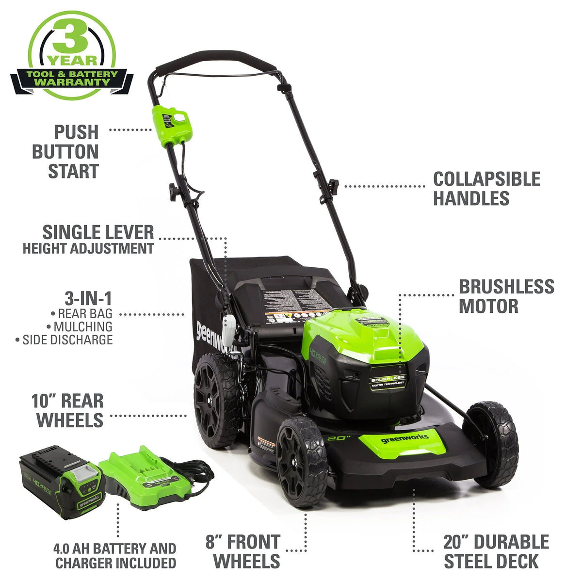 Greenworks 40V 20-Inch Brushless Walk-Behind Push Lawn Mower With 40 Ah Battery And Quick Charger - 2516302