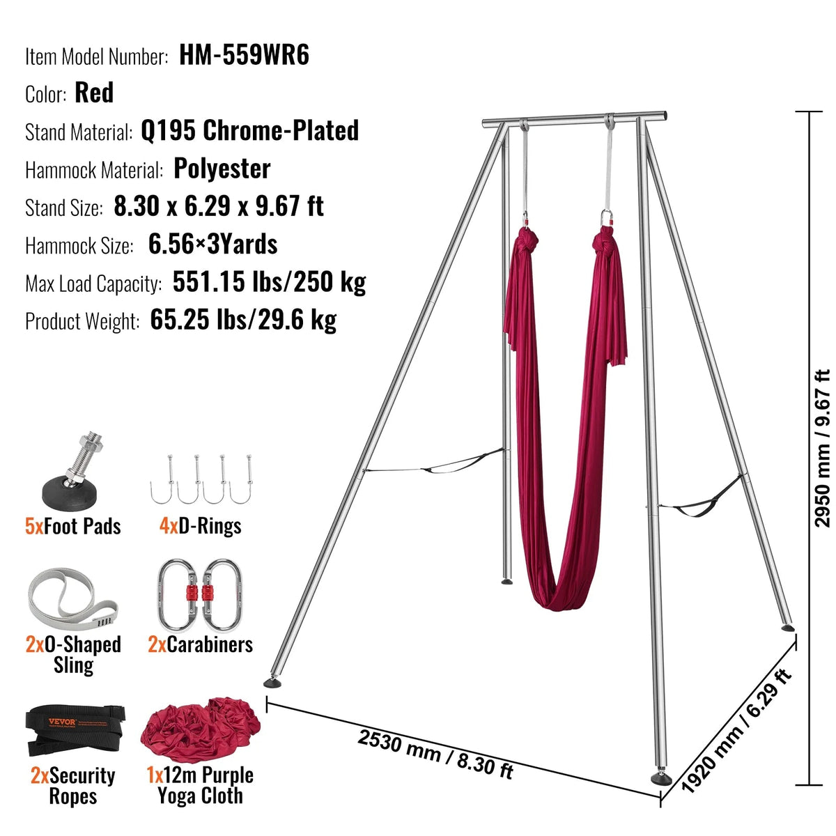 KFFKFF Aerial Yoga Swing Stand And Hammock Kit, 8.30 x 6.3 x 9.68 ft, 551.15 lbs, Red - HM-559WR6