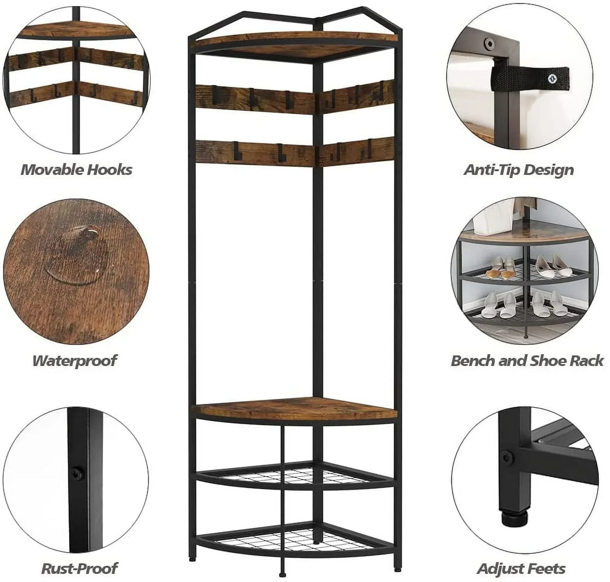 HBROLJF Corner Hall Tree With Shoe Bench, 10 Metal Movable Hooks, Rustic Brown - 71.3 x 18.1 x 18.1 in
