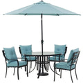 Hanover 5-Piece Outdoor Dining Set, Ocean Blue, 52-in Round Glass-Top Table, 4 Chairs, 9-ft Umbrella and Base - Lavallette