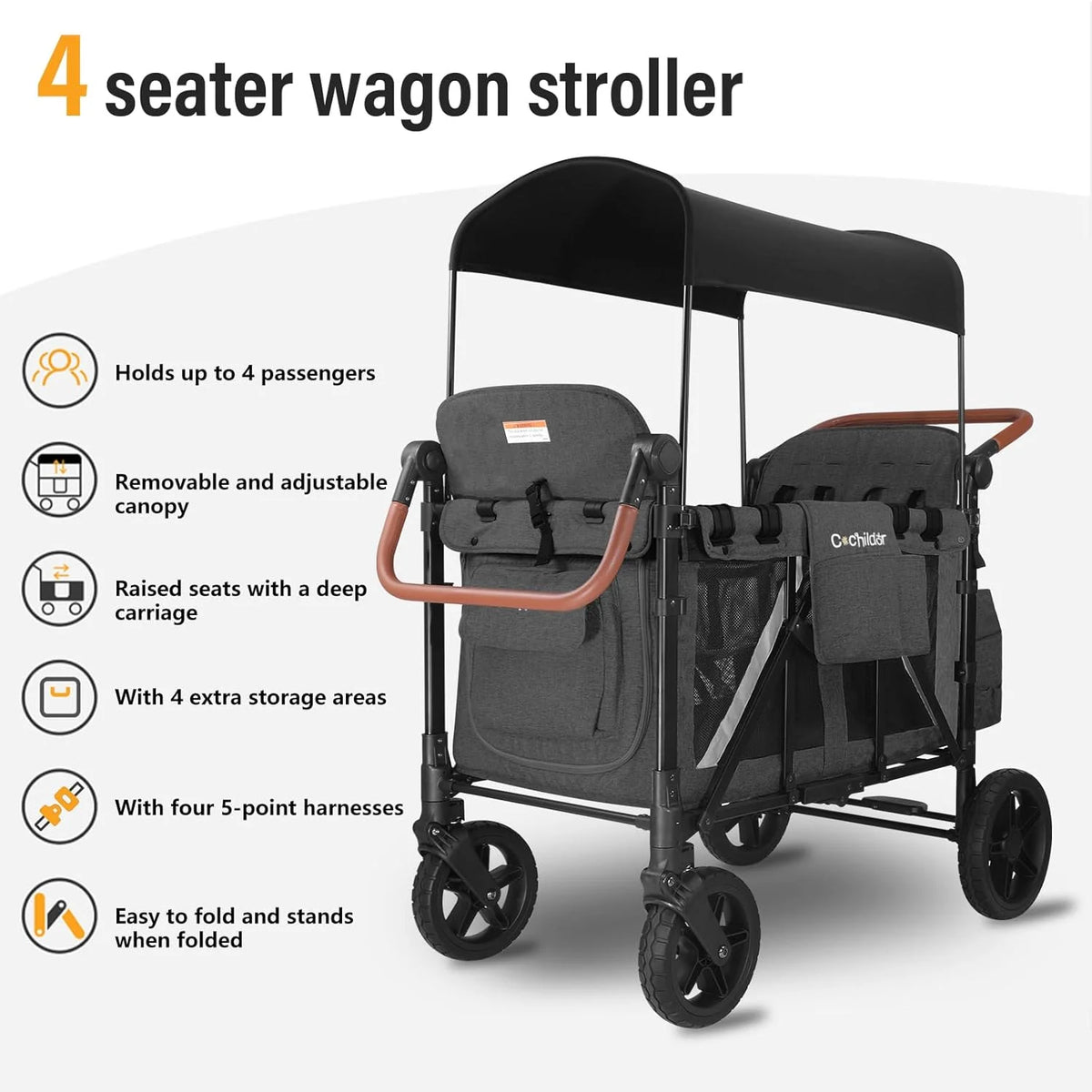 Cochildor 4 Seater All-Terrain Wagon Stroller, 300 lb Capacity, Light Grey - ST4N