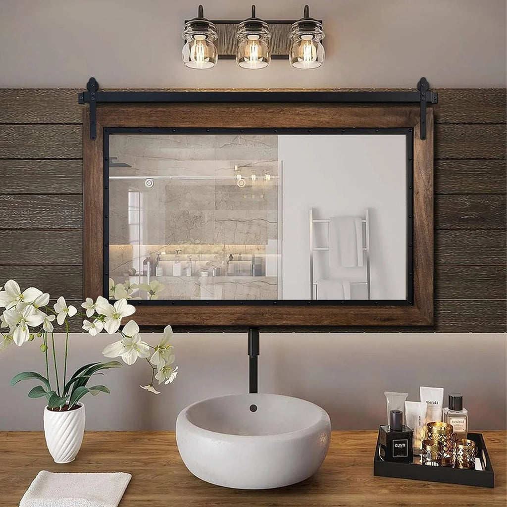 COSMOGO Farmhouse Barn Door Style Natural Wood Bathroom Vanity Wall Mirror 24 x 32 in