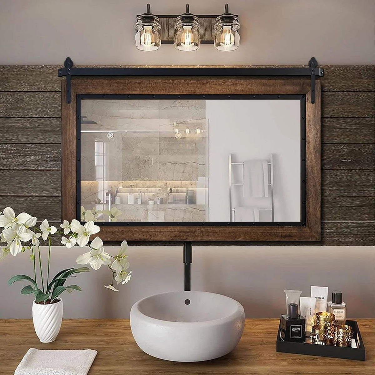 COSMOGO Farmhouse Barn Door Style Natural Wood Bathroom Vanity Wall Mirror 24 x 32 in