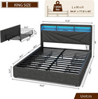 King Size Upholstered Bed Frame With 4 Storage Drawers, Charging Station And LED Headboard - Dark Grey