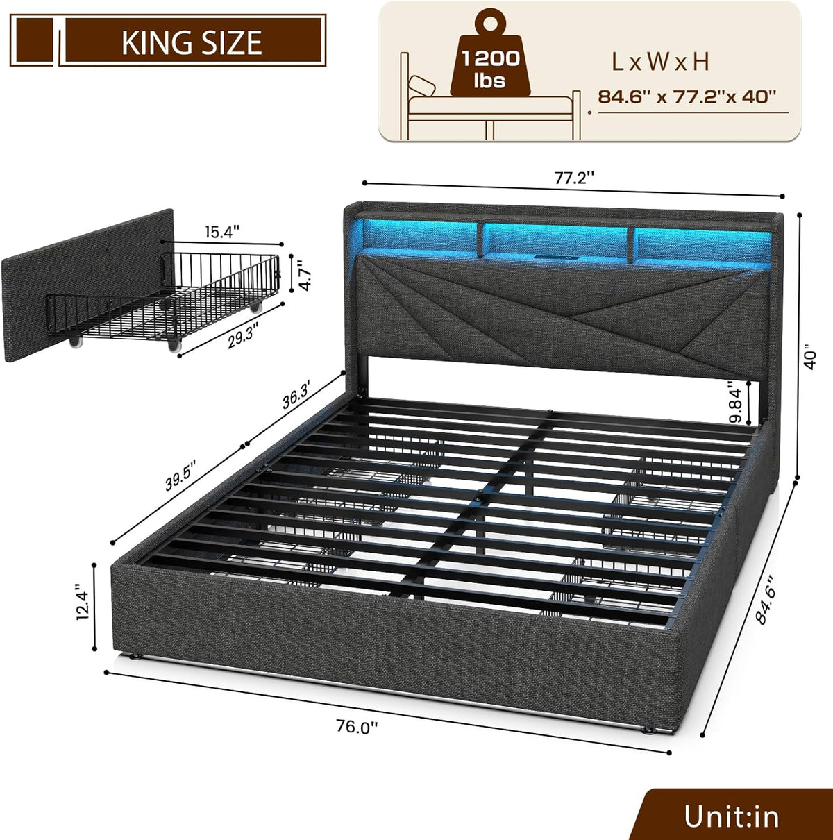 King Size Upholstered Bed Frame With 4 Storage Drawers, Charging Station And LED Headboard - Dark Grey