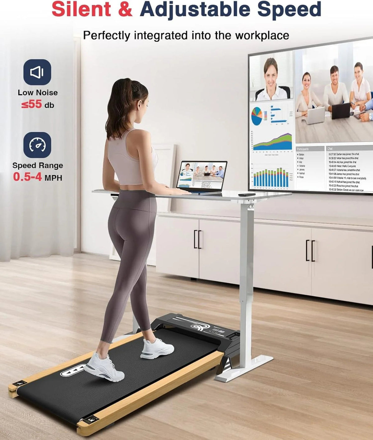 Ecotronic Indoor Electric Walking Pad With Natural Wood Finish, 2.25HP Motor, LED Display, Remote Control And Incline