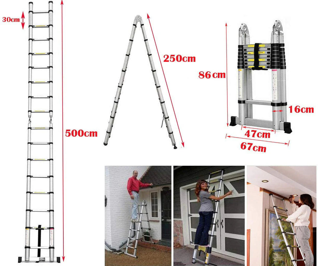 Bowoshen Telescopic Ladder 16.5 ft Aluminum 8 x 2 Steps 330 lb