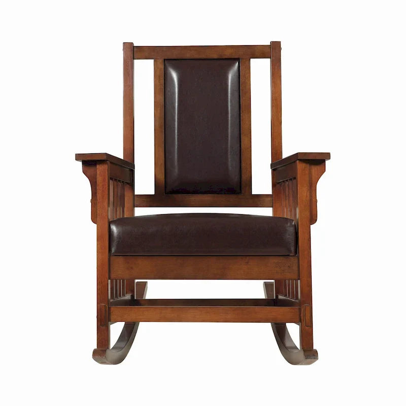 Mission Style Rocking Chair With Leather Upholstered Seat And Back - Tobacco And Dark Brown