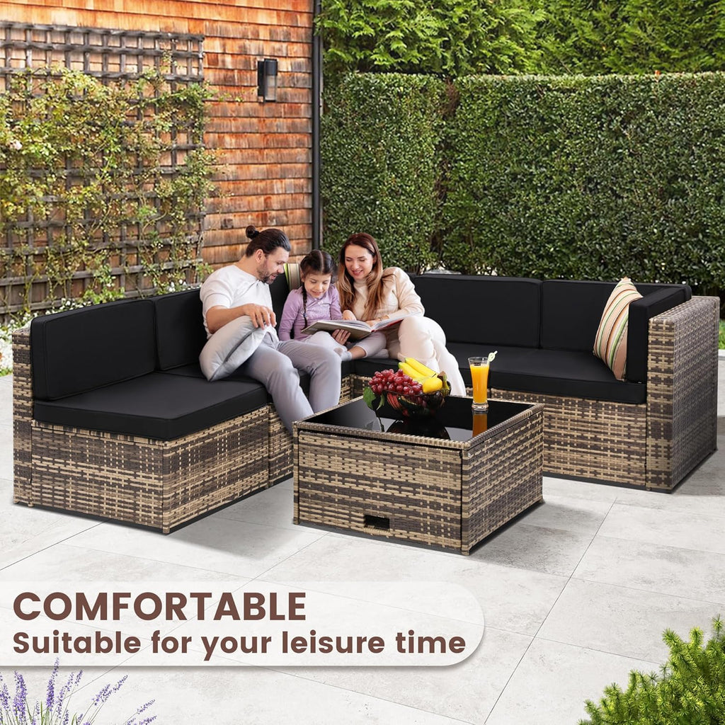 8-Piece Outdoor Wicker Rattan Sectional Patio Furniture Set With Cushions And Glass Top Storage Table - Black
