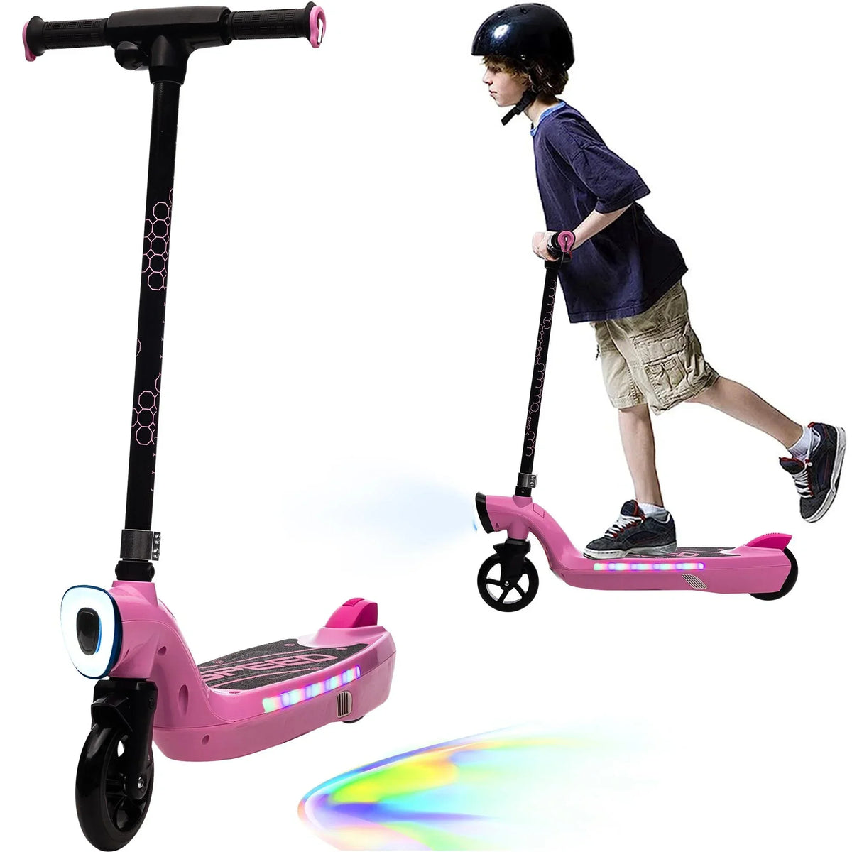 iRerts Kids Electric Scooter 12V 45W With Front Light, Rear Brake And Colorful Deck Light - Pink
