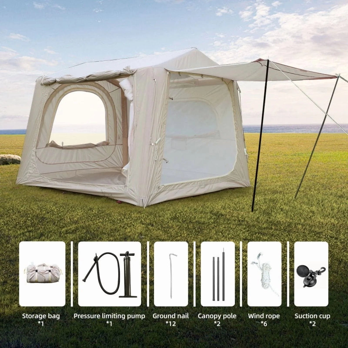 Beige Inflatable Camping Tent, 4-6 Person, 118in L x 98.5in W x 83in H, 4-Season, Oxford