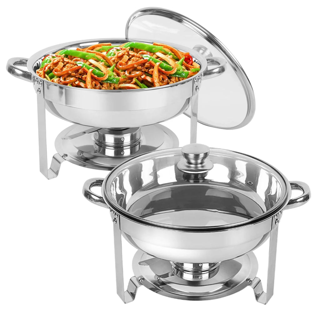 IMACONE 5QT Stainless Steel Round Chafing Dish Buffet Set, 2-Pack With Glass Lid