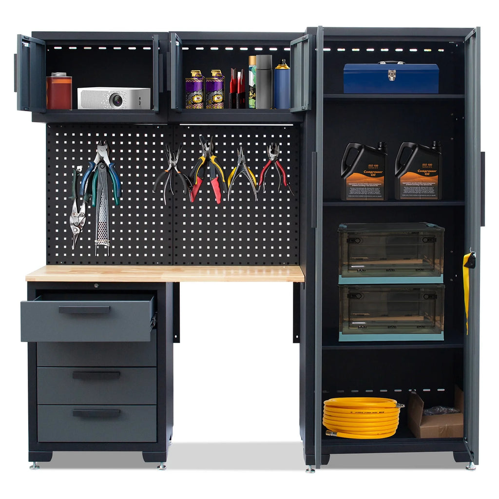 HPDMC 7-Piece Metal Garage Cabinet System With 4-Drawer Roller Cabinet, 47.2 in Workbench And Pegboards