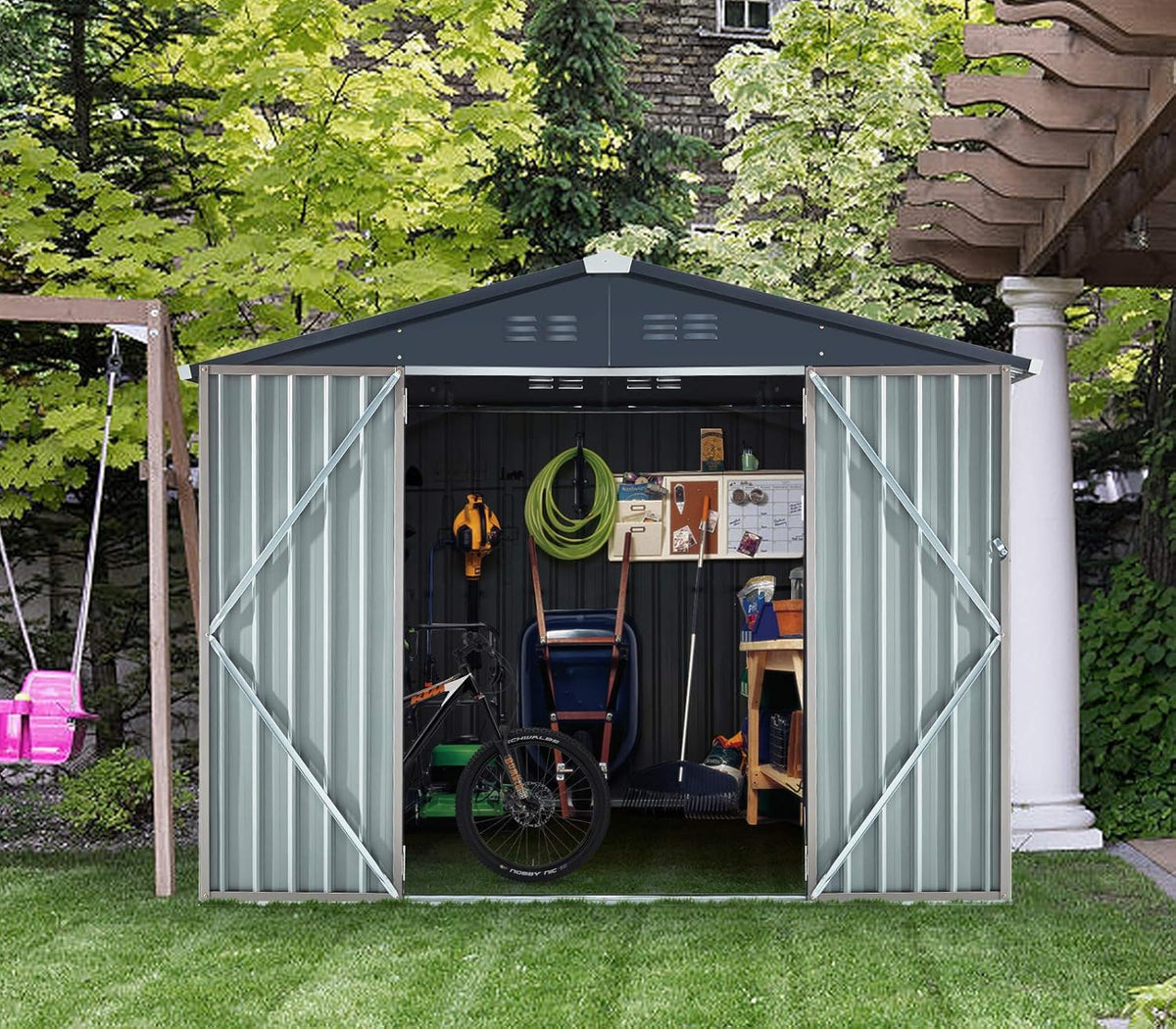 AECOJOY Metal Outdoor Storage Shed 8 ft x 6 ft - Lockable Doors