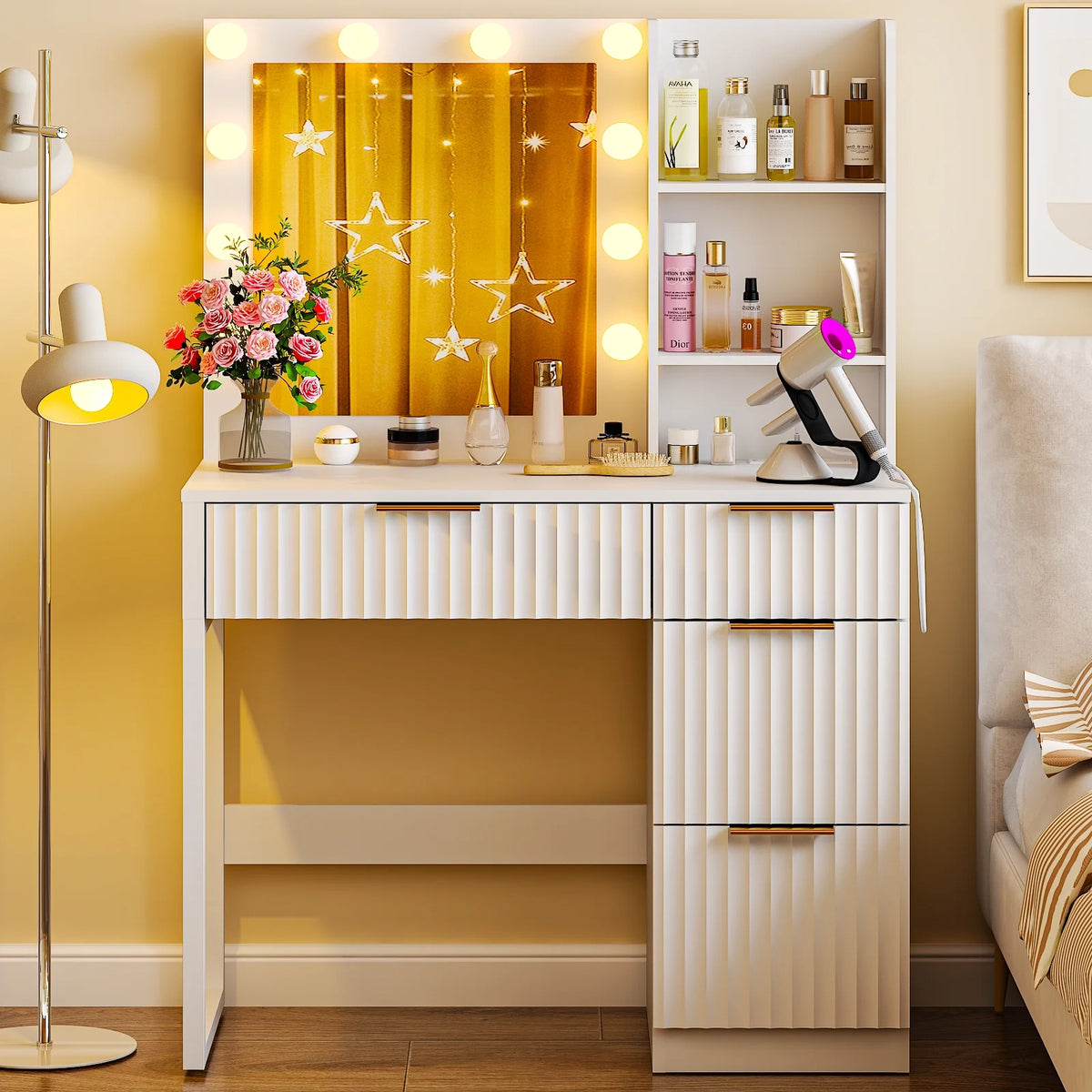 Ktaxon Vanity Makeup Table With Stool, 3-Color Lighted Mirror, 3 Shelves, Drawers, White - 35.43 x 15.55 x 29.53-53.27 in