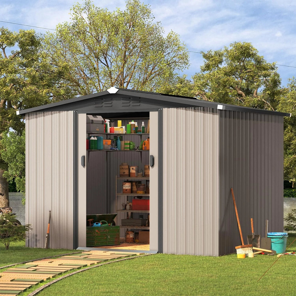 U-MAX 8 x 6 ft. Wood Grain Outdoor Metal Storage Shed With Lockable Door