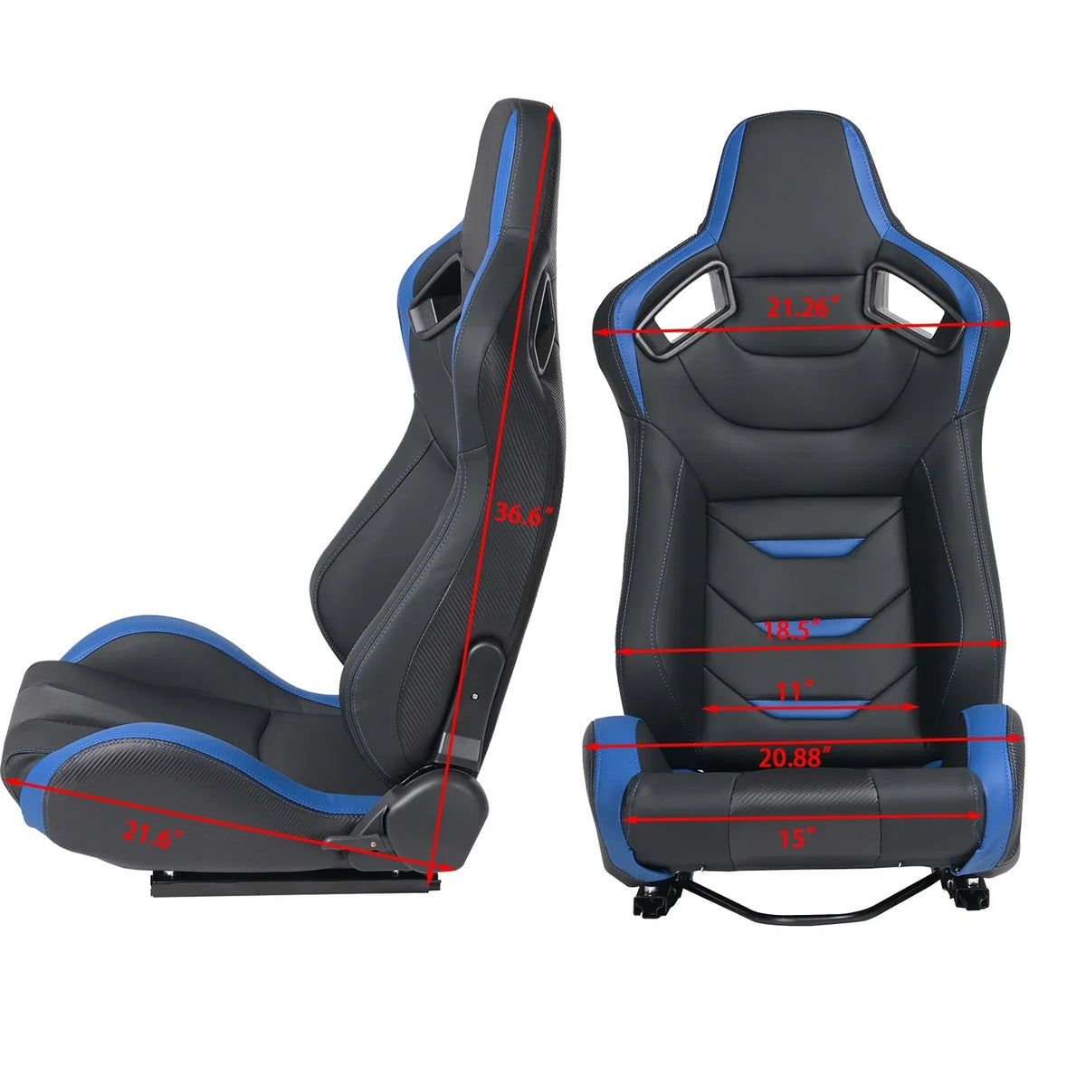 Universal Racing Bucket Seats, Pair With Dual Lock Sliders, Black With Blue PVC Leather, 36.6 x 21.6 x 21.6 in