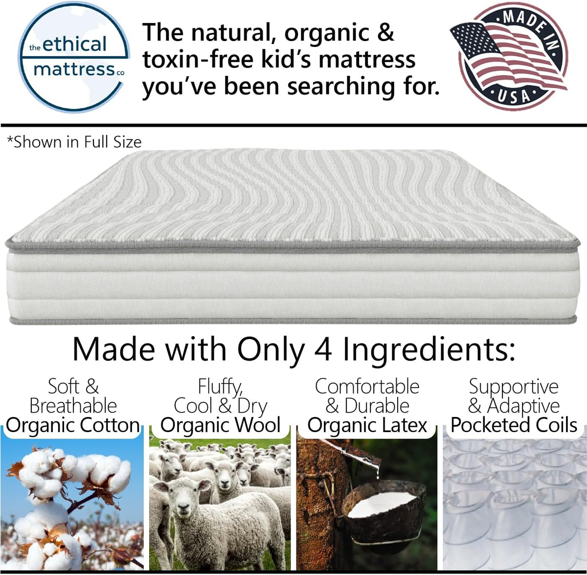 Ethical Mattress CO 6 in Kids Mattress With Organic Cotton, Wool, Latex And Pocketed Coils - Twin Size