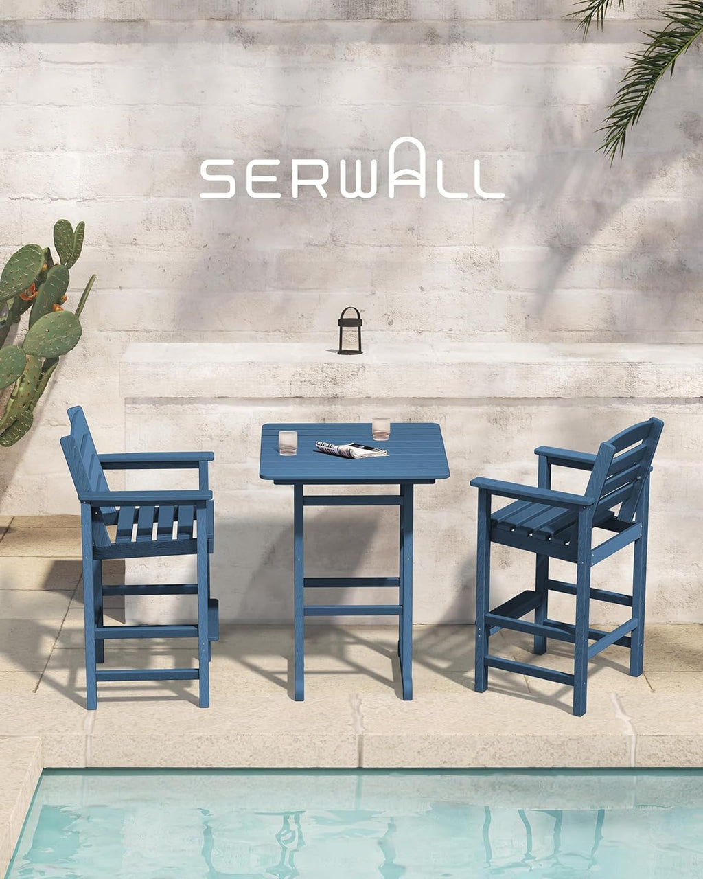 SERWALL 3-Piece Adirondack Bar Height Chair And Table Set, Blue